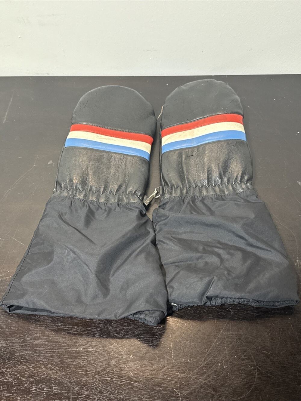 Vintage 1970s Winter Snowmobile Mittens One Size Red White Blue Stripes